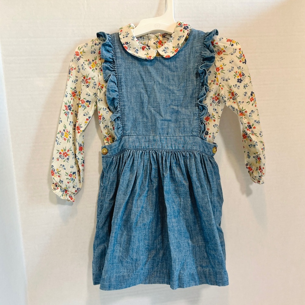 Ralph Lauren Floral Long Sleeve Dress with Denim Pinafore 18m lightly used